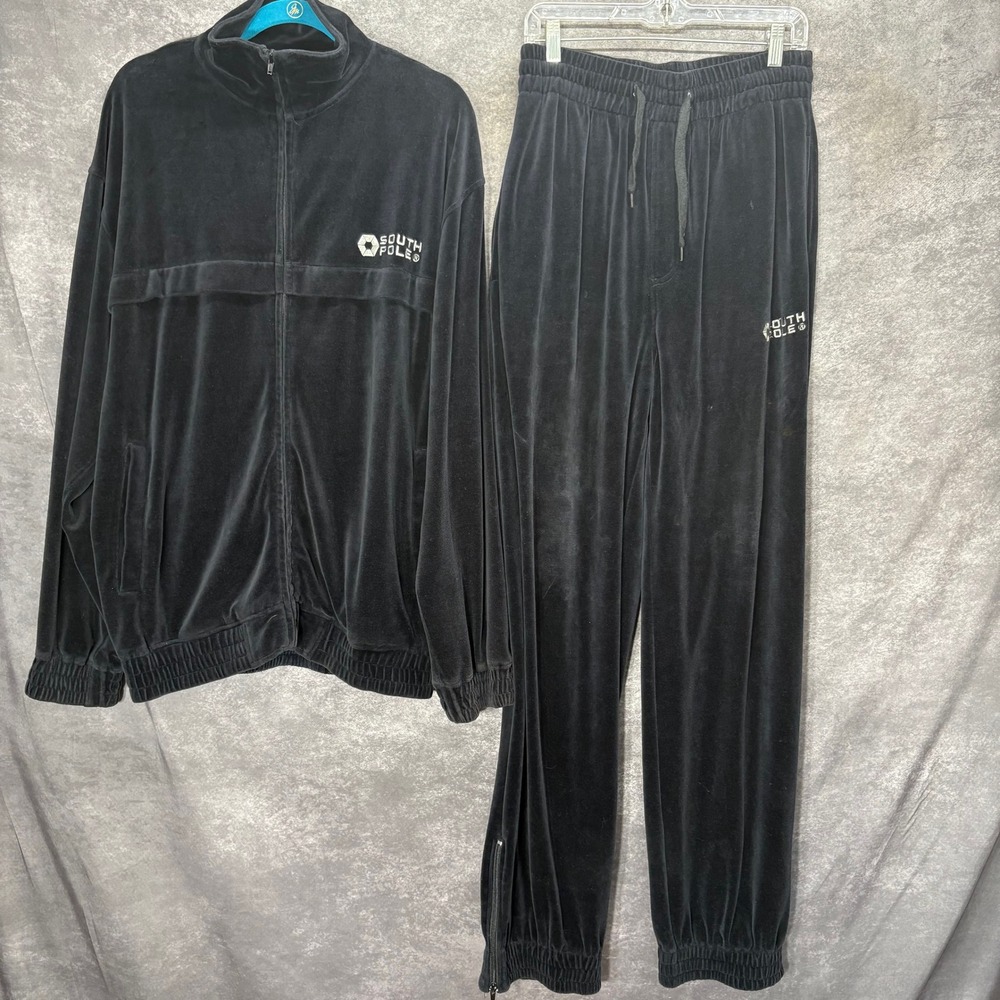 VTG Y2K Southpole Velour Tracksuit Set Black Full Zip Jacket Pants Size M